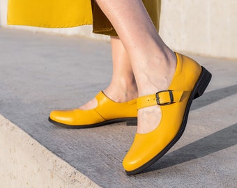 Yellow Mary Jane Shoes, Handmade Womens Flats