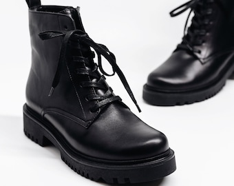 Women black leather combat lace up ankle boots, women black boots, genuine leather boots, comfort festival boots