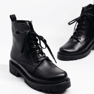Women black leather combat lace up ankle boots, women black boots, genuine leather boots, comfort festival boots