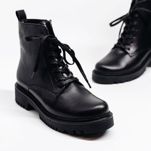 Women black leather combat lace up ankle boots, women black boots, genuine leather boots, comfort festival boots