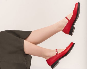 Red Flat ballets Mary Jane shoes, women red shoes