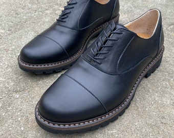 Women derby oxford black shoes, handmade derby shoes