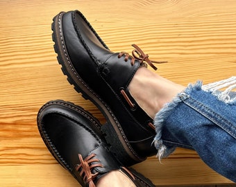 Women moccasins top sider boat shoes, black loafers, women tie shoes moccasins