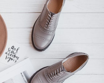 Beige Leather Brogue Oxford Shoes: Women's Tie Shoes
