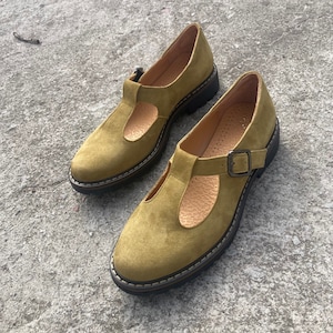Mustard Yellow Suede Velvet Mary Janes: Women&#39;s T-Strap Shoes