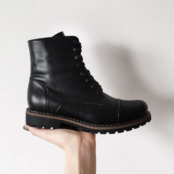 Women black military boots, women boots, black shoes, chunky boots