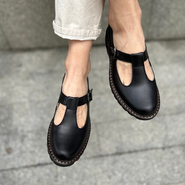 Sapatilhas Mary Jane pretas confortáveis – Sapatilhas de couro com tira em T para mulheres, sapatos clássicos para o dia a dia.