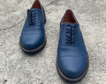 Women blue oxford shoes, navy blue tie derby shoes