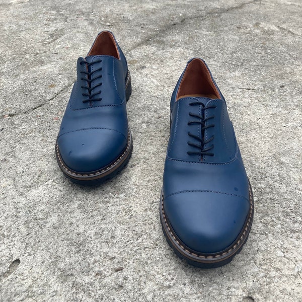 Women blue oxford shoes, navy blue tie derby shoes