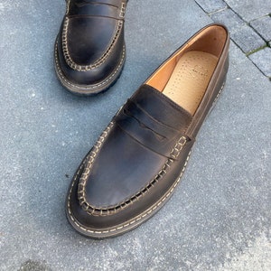 Brown aged leather women penny loafer, brown waxed leather loafers