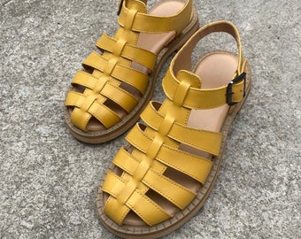 Women yellow fisherman sandals, leather yellow sandals, gladiator sandals, summer closed toe sandals