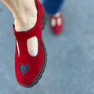 Red Suede Mary Jane Shoes with Heart Cutout | Handmade Leather Womens Flats