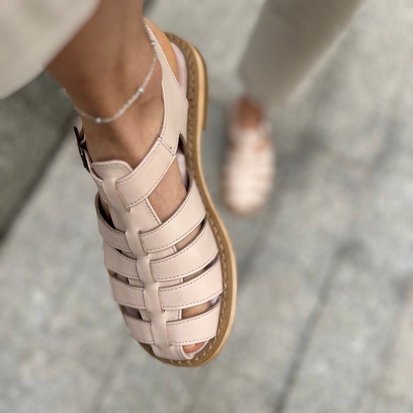 Women fisherman sandals, leather beige sandals, gladiator sandals, summer closed toe sandals