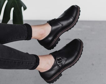 Women black leather monk shoes, oxford women shoes, black tie shoes