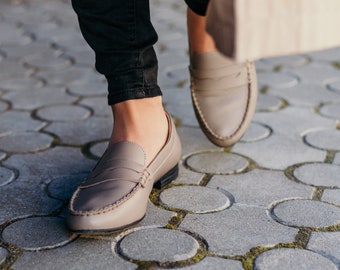 Women handmade loafers, natural cappuccino beige leather
