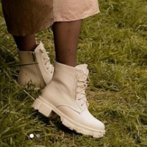 Beige woman lace up ankle leather boots, beige women boots, low heel women boots