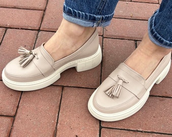 Women beige penny loafers, creamy color shoes