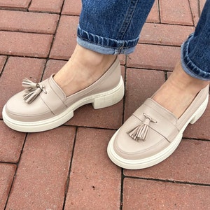 Women beige penny loafers, creamy color shoes