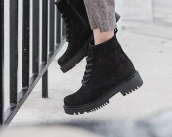 Black nubuck women boots, ankle lace up boots