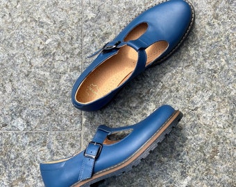 Women navy blue leather Mary Janes shoes, blue mary jane shoes