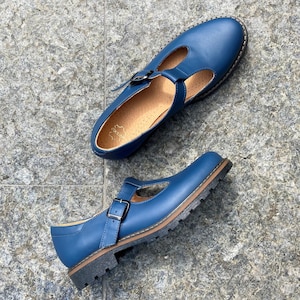 Women navy blue leather Mary Janes shoes, blue mary jane shoes