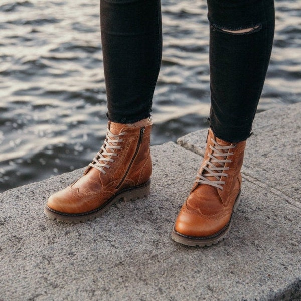 Women brown cognac brogue boots, leather winter boots