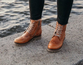 Women brown cognac brogue boots, leather winter boots