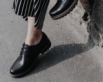 Buy Women Leather Black Derby Shoes, Women Tie Oxford Shoes Online