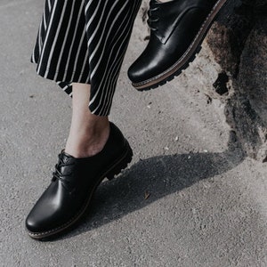 Women leather black derby shoes, women tie shoes, oxfords