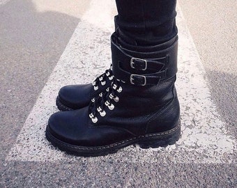 Women Military combat boots brutal black leather high lace up boots