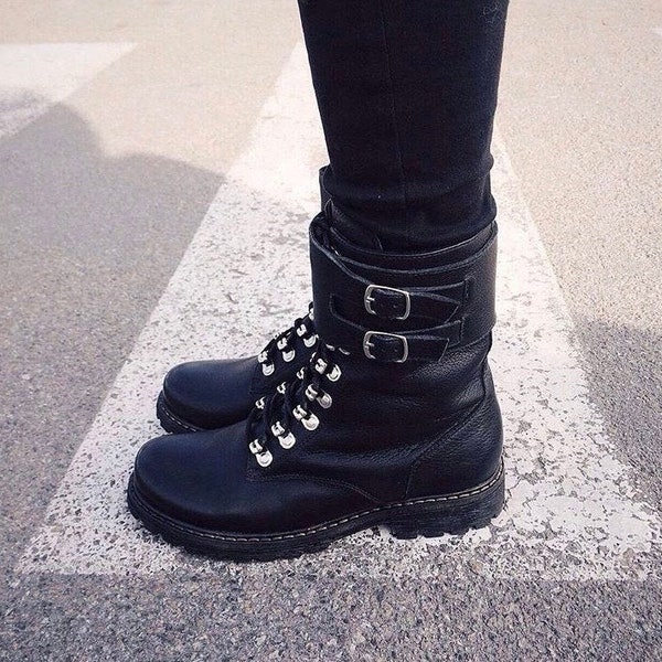 Women Military combat boots brutal black leather high lace up boots