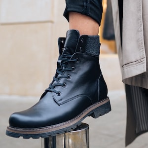 Black leather women boots, winter combat lace up boots