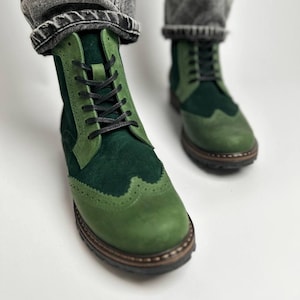 Groene leren broguelaarzen voor dames, gecombineerde leren suède laarzen