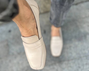 Handcrafted Beige Leather Square Toe Loafers: Minimalist Flats