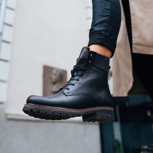 Black leather women boots, winter combat lace up boots