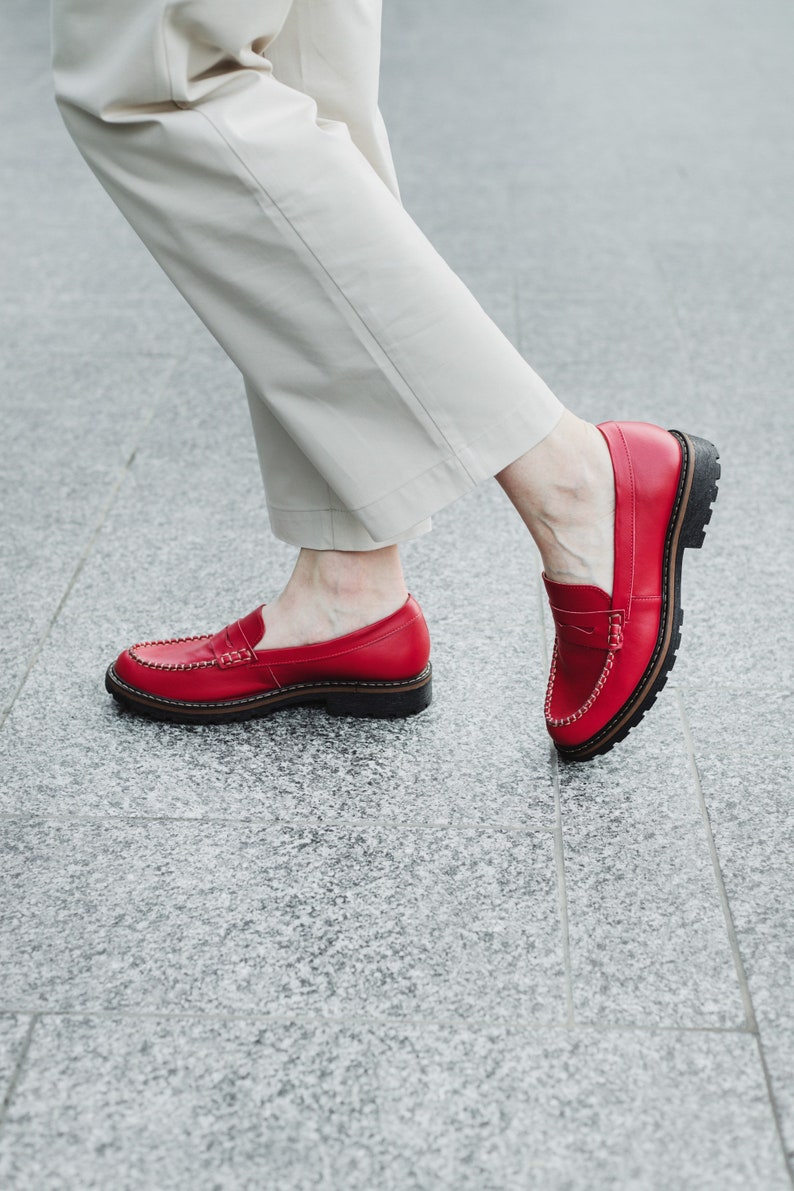 Red penny loafer women shoes, flat loafers image 7