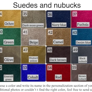 May include: A color chart showing 56 different shades of suede and nubuck leather. The chart is divided into 6 rows and 8 columns. Each square shows a different color of leather with a number and name printed below it. The colors range from black to white, with many shades of brown, green, blue, and red.