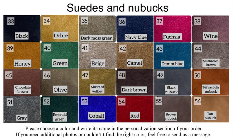 May include: A color chart showing 56 different shades of suede and nubuck leather. The chart is divided into 6 rows and 8 columns. Each square shows a different color of leather with a number and name printed below it. The colors range from black to white, with many shades of brown, green, blue, and red.
