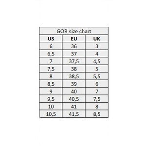 May include: A size chart for shoes, showing the corresponding US, EU, and UK sizes. The chart shows sizes from US 6 to 10.5, EU 36 to 41.5, and UK 3 to 8.5.