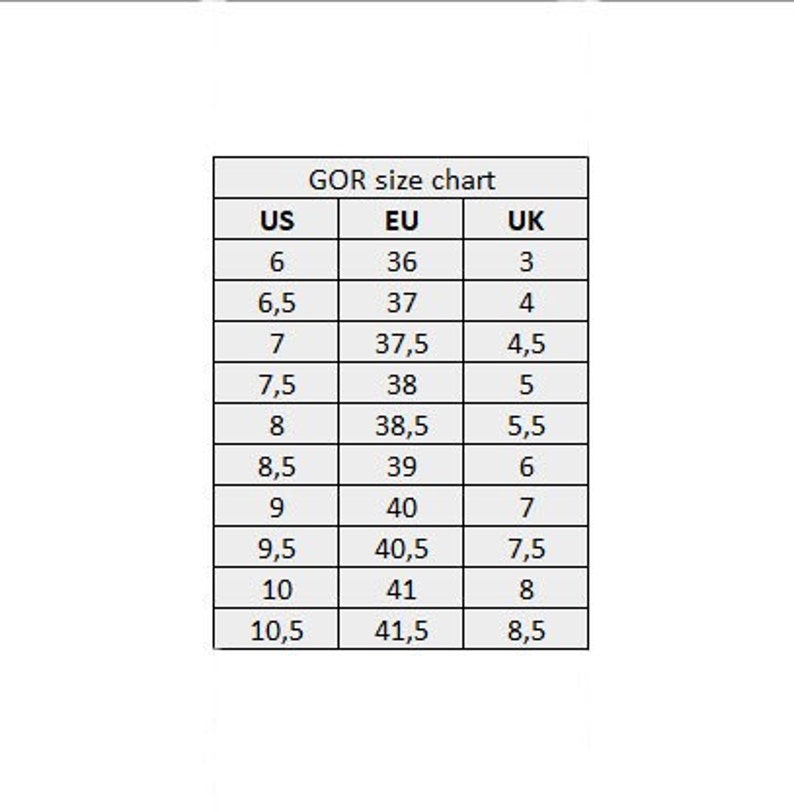 May include: A size chart for shoes, showing the corresponding US, EU, and UK sizes. The chart shows sizes from US 6 to 10.5, EU 36 to 41.5, and UK 3 to 8.5.