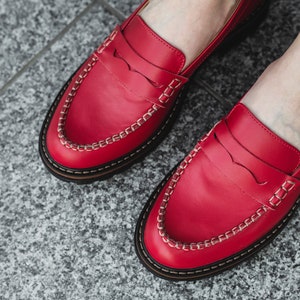Red penny loafer women shoes, flat loafers image 1