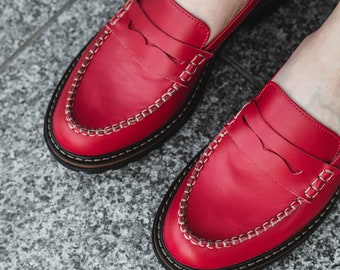 Red penny loafer women shoes, flat loafers