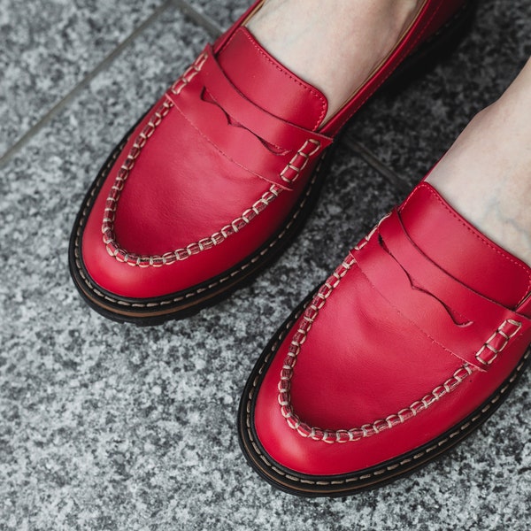 Red penny loafer women shoes, flat loafers