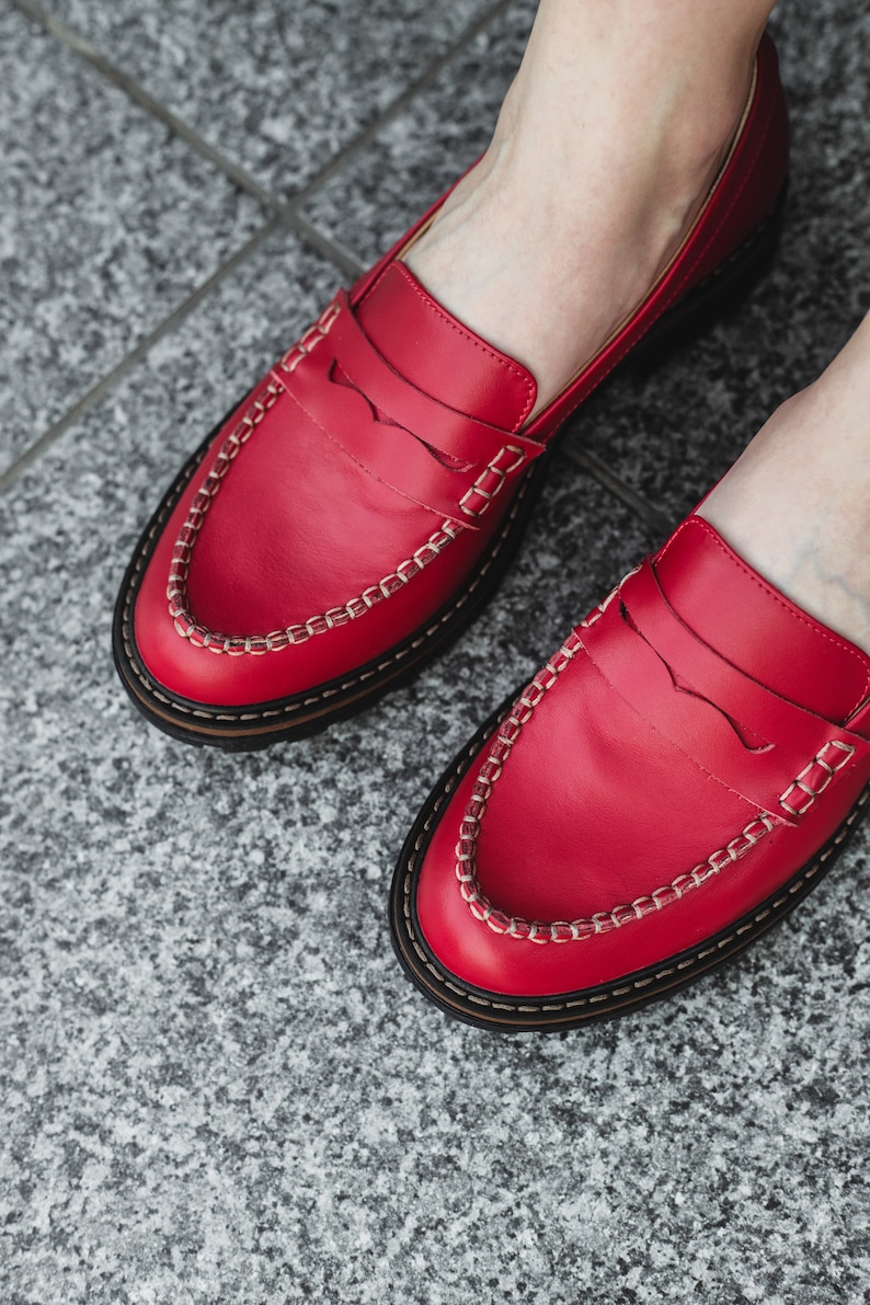 Retro Vintage Flats and Low Heel Shoes Red penny loafer women shoes $119.20 AT vintagedancer.com