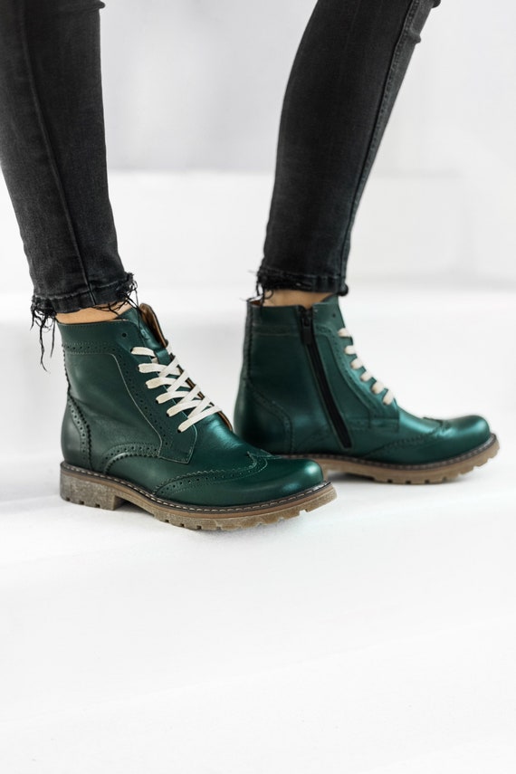 Women Green Brogue Boots, Autumn Boots, Lace up Boots - Etsy