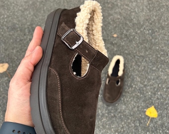 Barefoot bruin suède cosy warm Mary Janes: cosy damesschoenen met brede neus