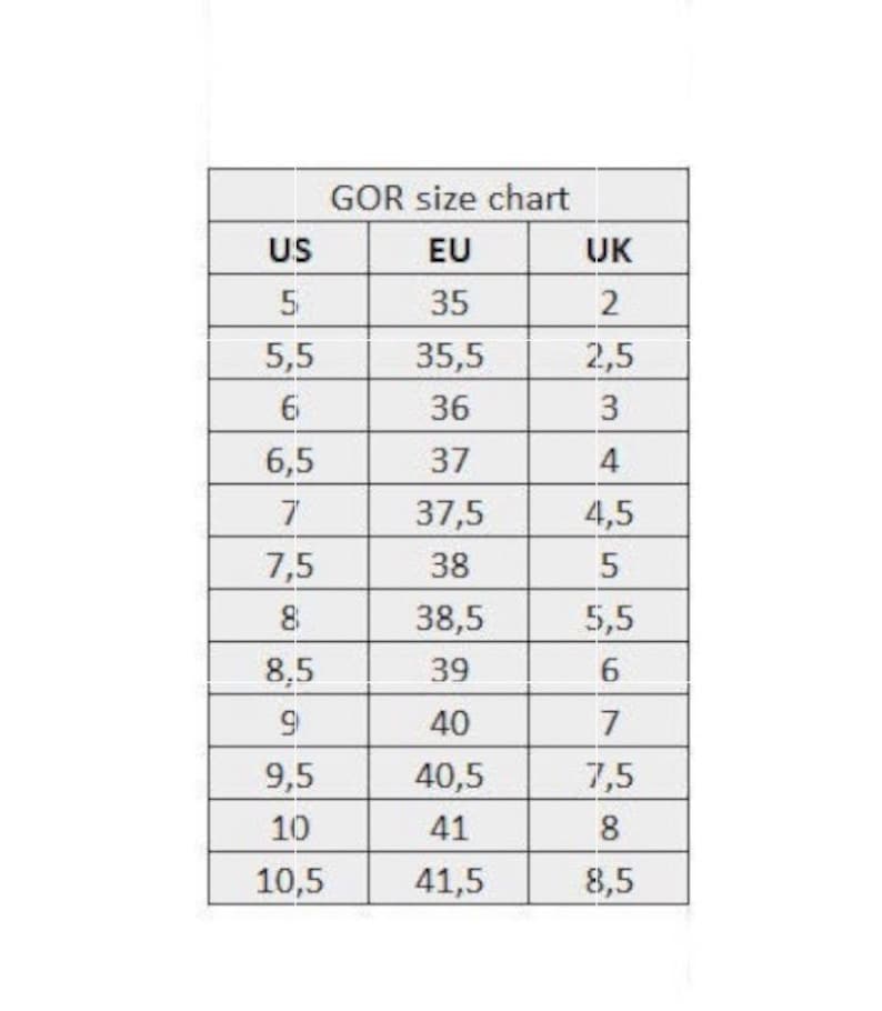 May include: A size chart for women's shoes showing US, EU, and UK sizes. The chart shows sizes from 5 to 10.5 US, 35 to 41.5 EU, and 2 to 8.5 UK.