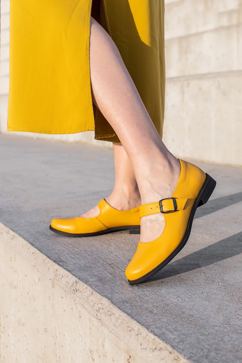 Yellow mary jane women shoes with thin sole image 1