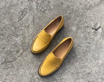 YELLOW ローファー 厚底 SACRED PLATFORM LOAFERS Yellow Penny Loafer, Classic Women Yellow Loafers, Flat