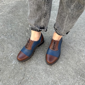 Women blue and brown oxford shoes, women oxfords combined color